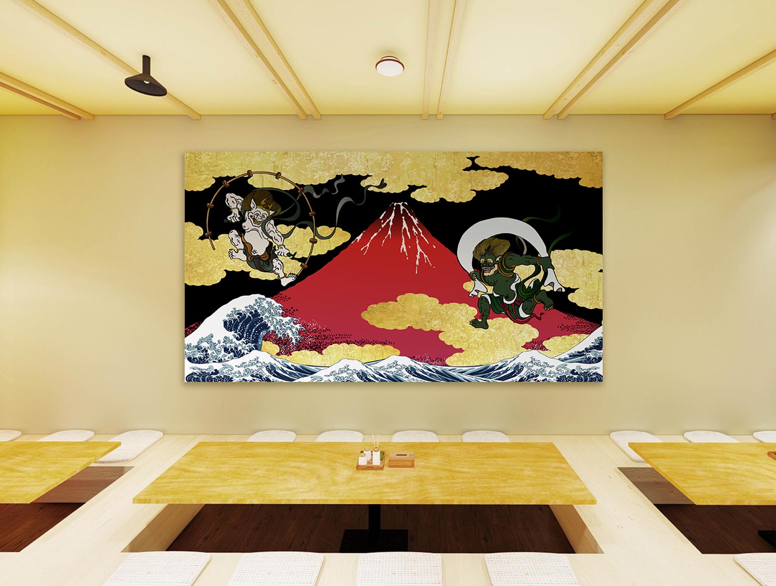 赤富士や風神雷神のイラストのパネルが飾られた居酒屋