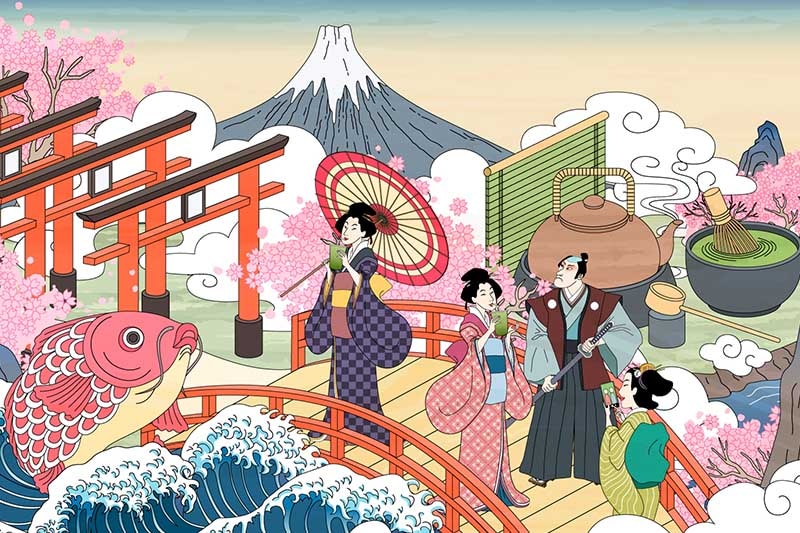 昔と現代の文化が融合したイラスト