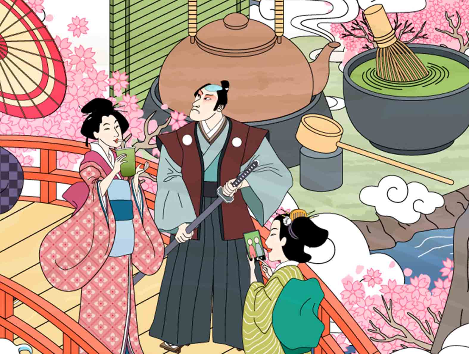 昔と現代の文化が融合したイラスト