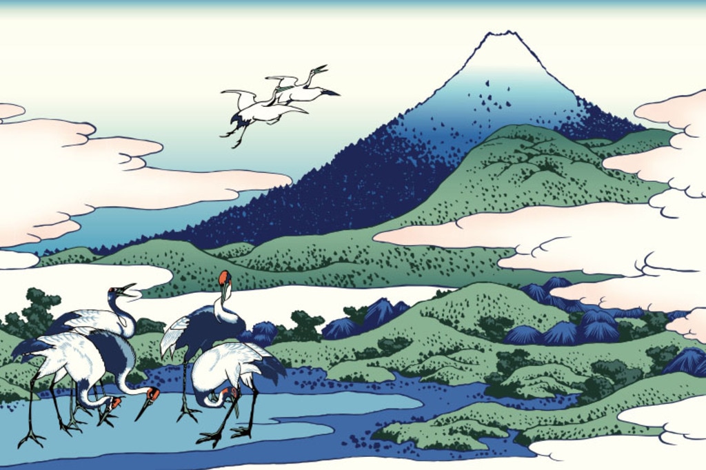 鶴と富士山の日本画風イラスト