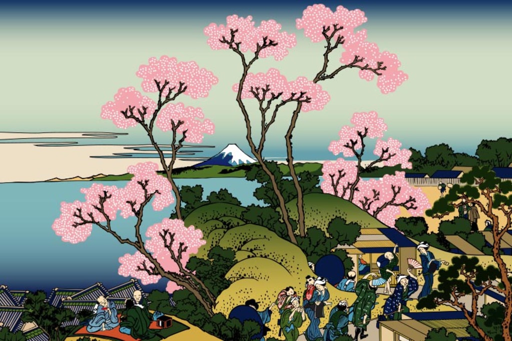 桜が咲く海沿いの村のイラスト
