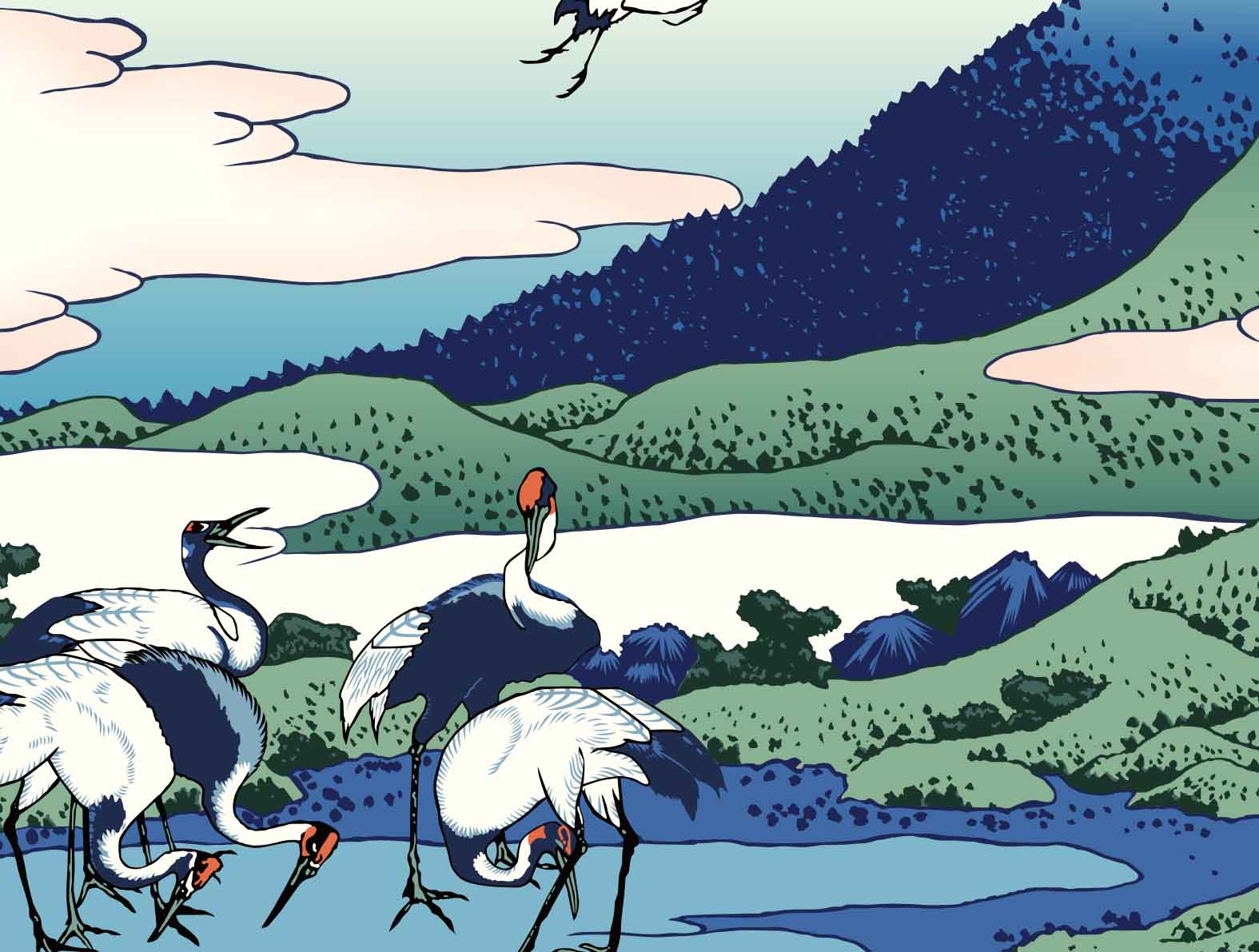 鶴と富士山の日本画風イラスト