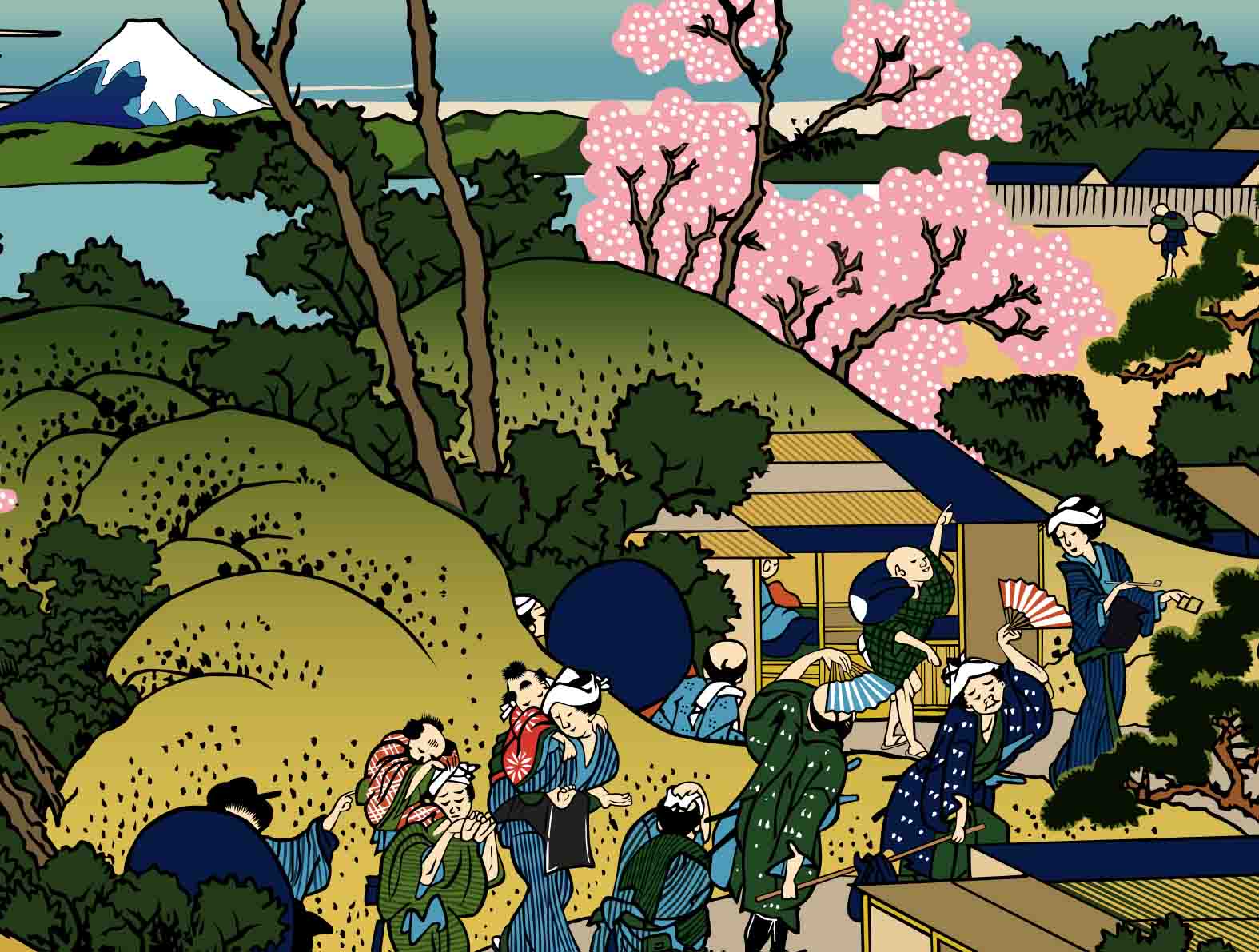 桜が咲く海沿いの村のイラスト