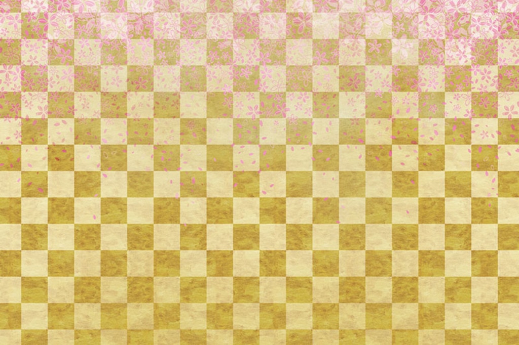 桜のイラストと金色の市松模様