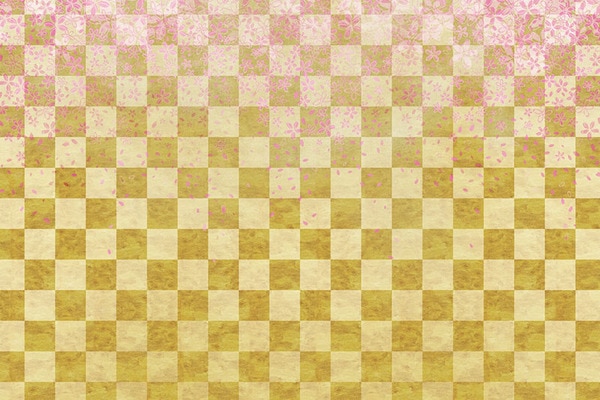 桜のイラストと金色の市松模様