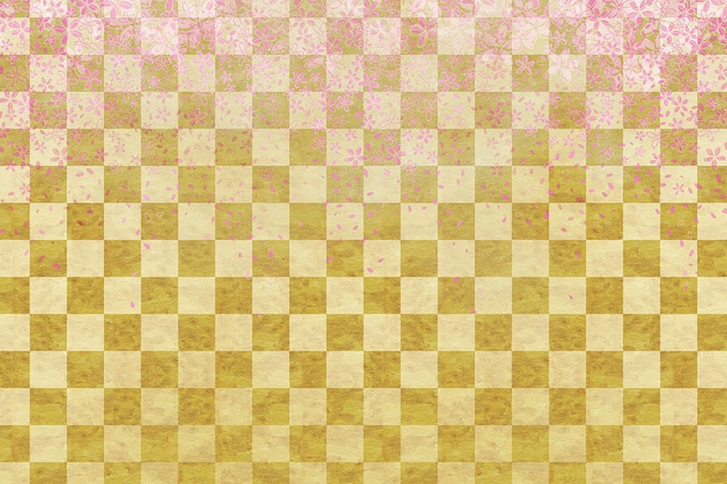 桜のイラストと金色の市松模様