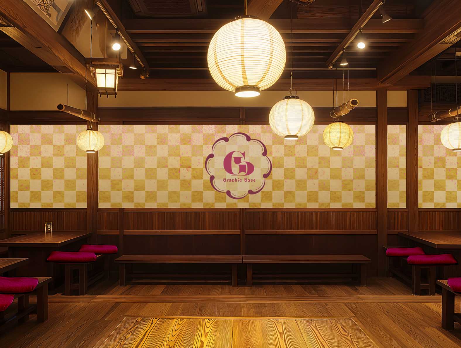 桜と金色の市松模様の壁紙が貼られた飲食店
