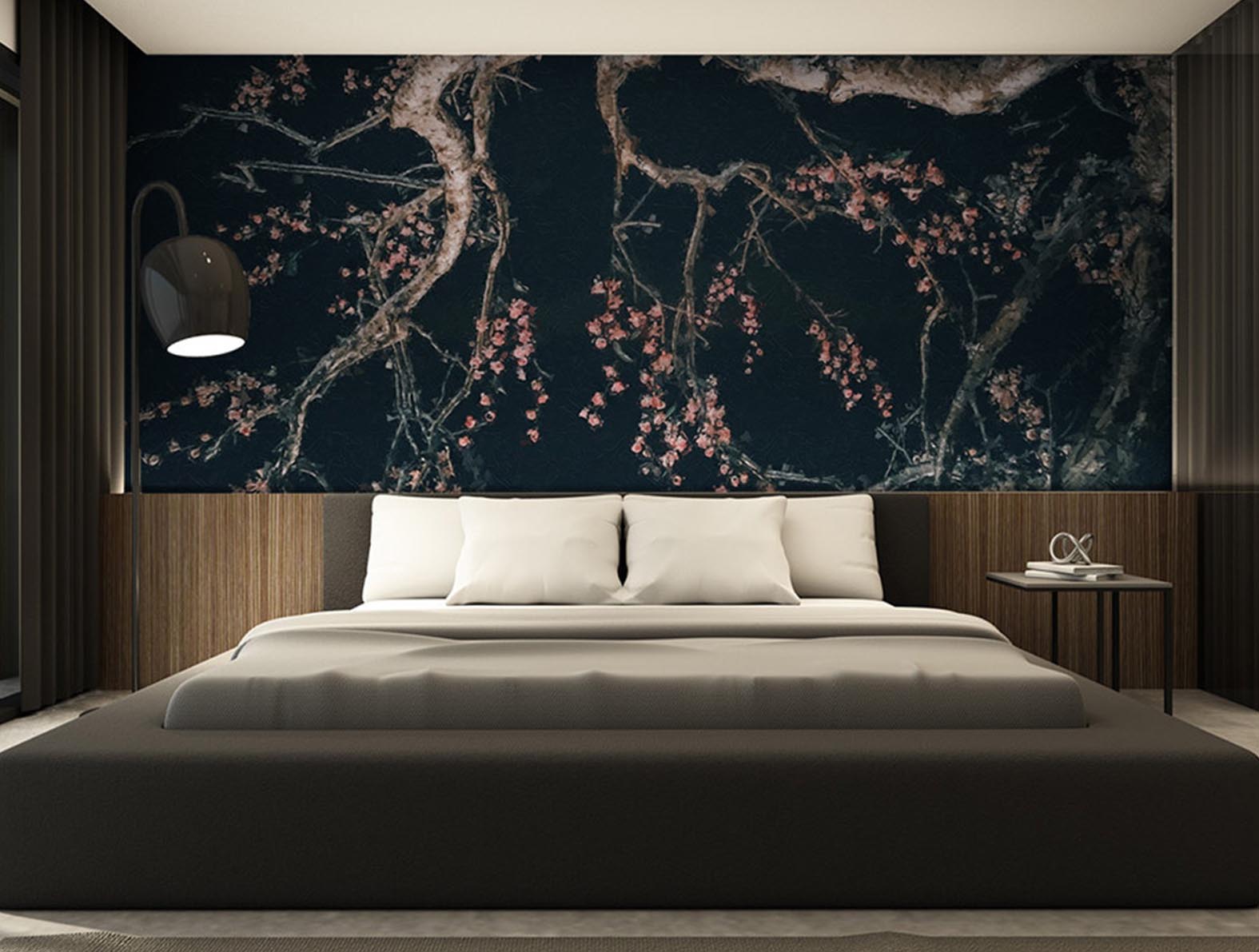 花が咲いた木の絵の壁紙が貼られた客室