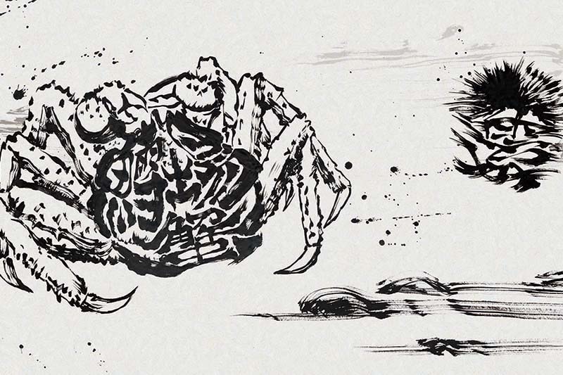 水墨画の蟹と雲丹のイラストの壁紙