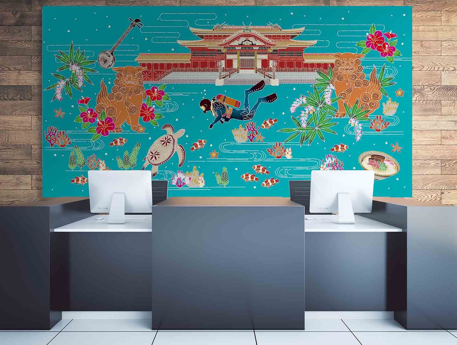 沖縄紅型風のアートパネルが飾られている受付