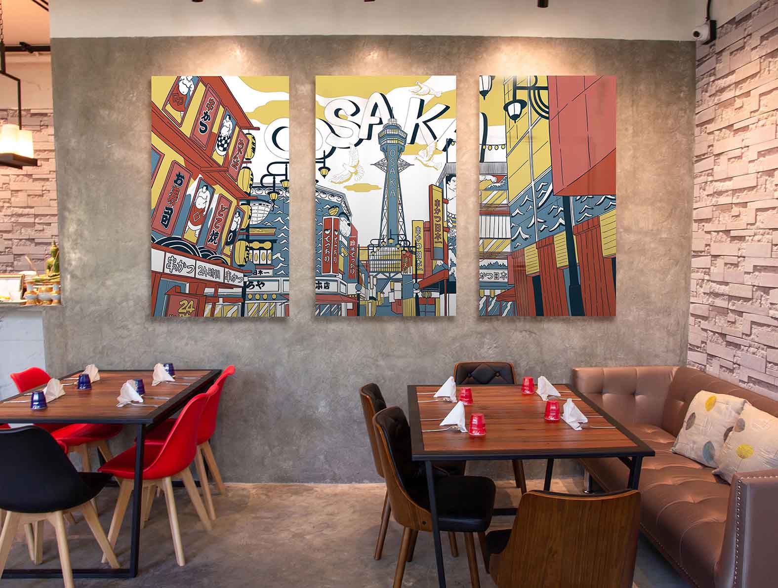 通天閣のイラストのアートパネルが飾られている飲食店