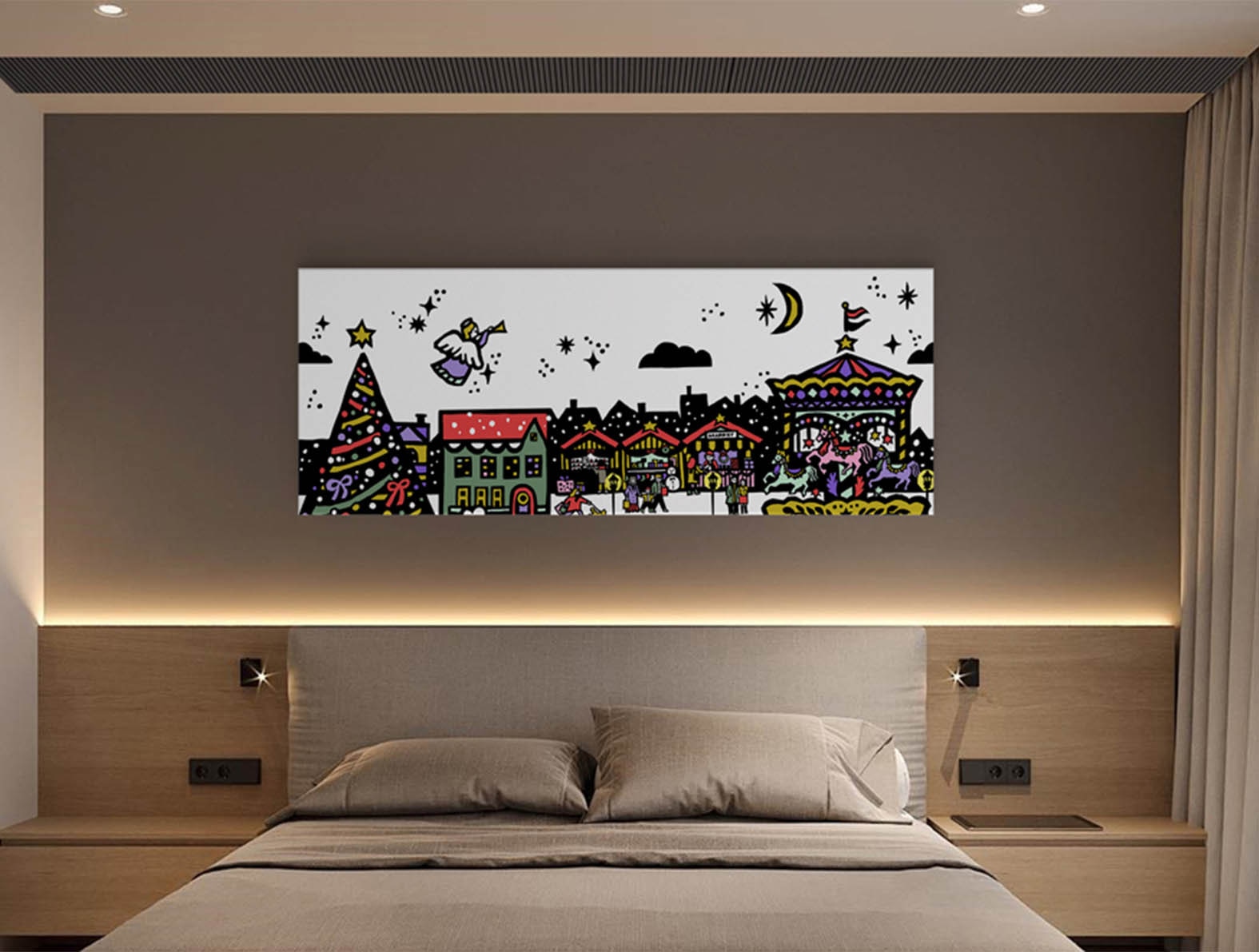 クリスマスの町のイラストのアートパネルが飾られた客室