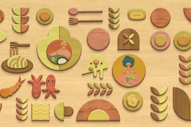 モダンな幾何学模様の食品の壁イラスト