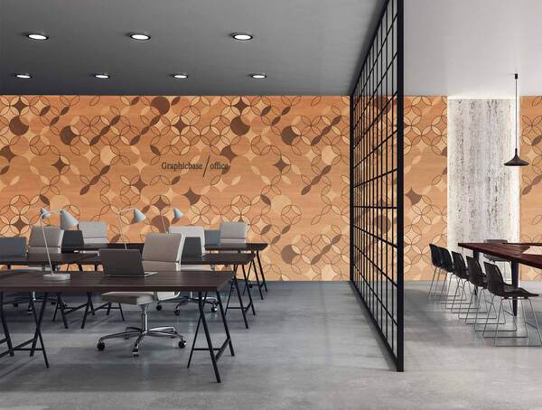 木目調の七宝柄デザインの壁紙が貼られたオフィス