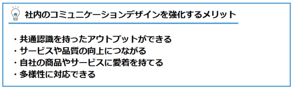 社内のコミュニケーションデザインを強化するメリット：①共通認識を持ったアウトプットができる②サービスや品質の向上につながる③自社の商品やサービスに愛着を持てる④多様性に対応できる
