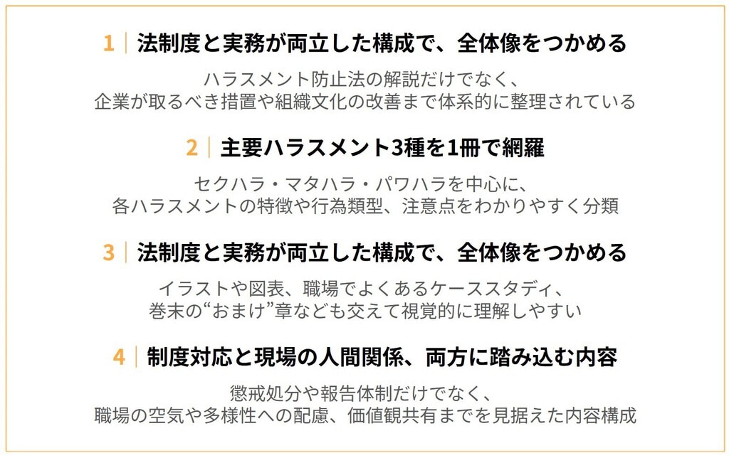 １：法制度と実務が両立した構成で、全体像をつかめる ２：主要ハラスメント3種を1冊で網羅 ３：法制度と実務が両立した構成で、全体像をつかめる ４：制度対応と現場の人間関係、両方に踏み込む内容