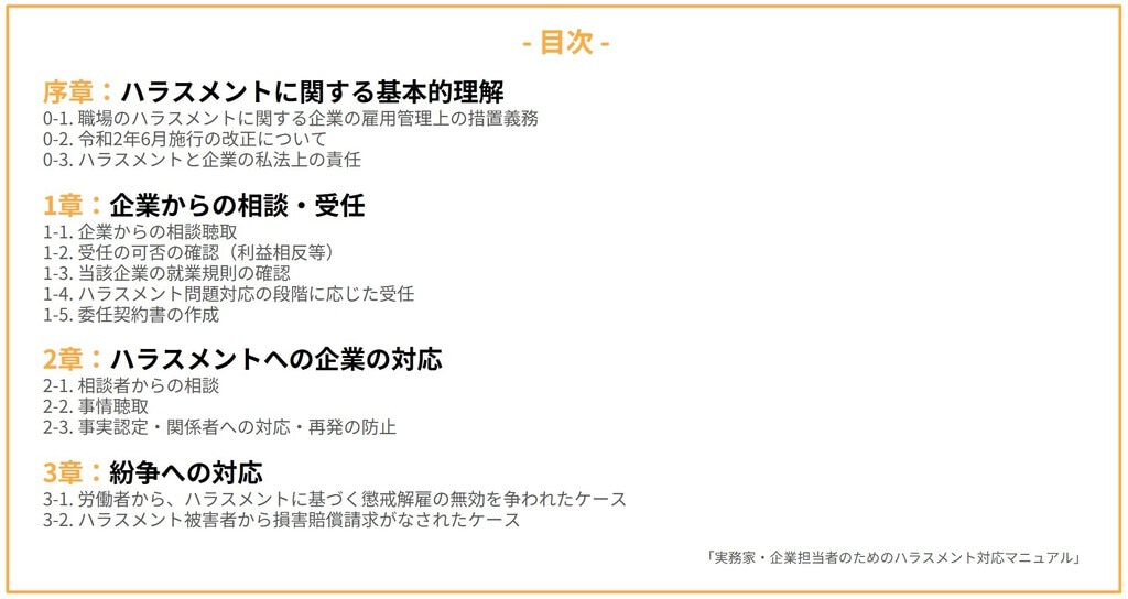 目次 序章：ハラスメントに関する基本的理解 1章：企業からの相談・受任 2章：ハラスメントへの企業の対応 3章：紛争への対応