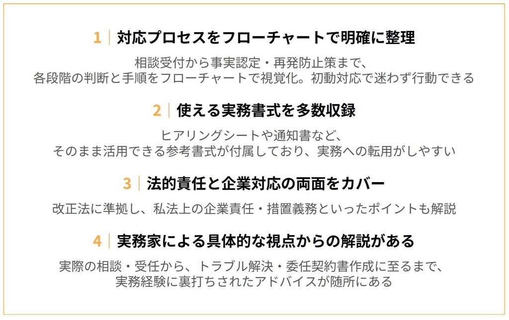 １：対応プロセスをフローチャートで明確に整理 ２：使える実務書式を多数収録 ３：法的責任と企業対応の両面をカバー ４：実務家による具体的な視点からの解説がある
