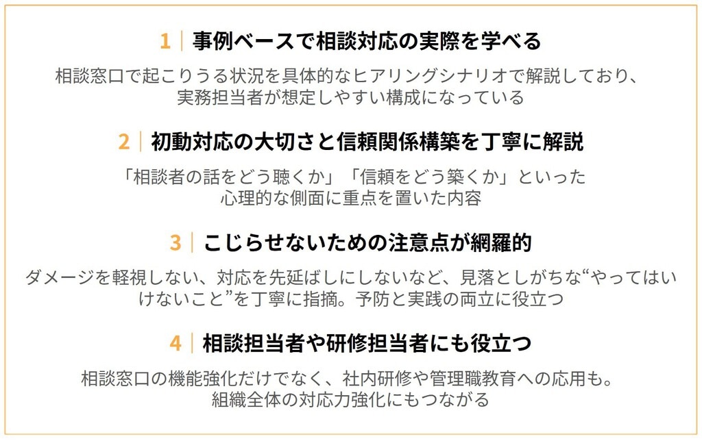 おすすめポイント １：事例ベースで相談対応の実際を学べる ２：初動対応の大切さと信頼関係構築を丁寧に解説 ３：こじらせないための注意点が網羅的 ４：相談担当者や研修担当者にも役立つ