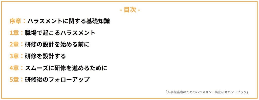 目次 序章：ハラスメントに関する基礎知識 1章：職場で起こるハラスメント 2章：研修の設計を始める前に 3章：研修を設計する 4章：スムーズに研修を進めるために 5章：研修後のフォローアップ