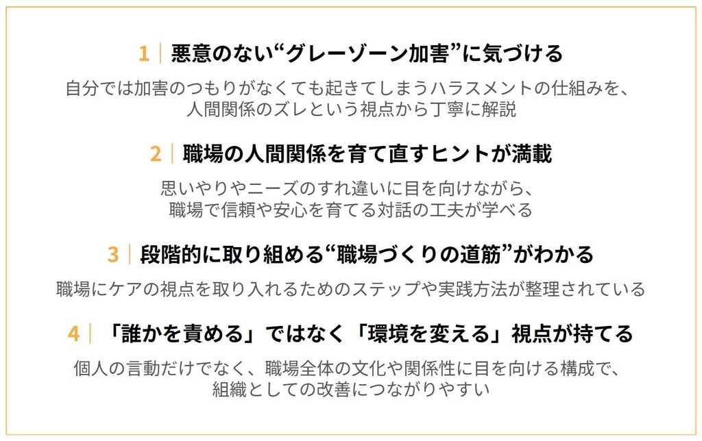 おすすめポイント １：悪意のないグレーゾーン加害に気づける ２：職場の人間関係を育て直すヒントが満載 ３：段階的に取り組める職場づくりの道筋がわかる ４：「誰かを責める」ではなく「環境を変える」視点が持てる
