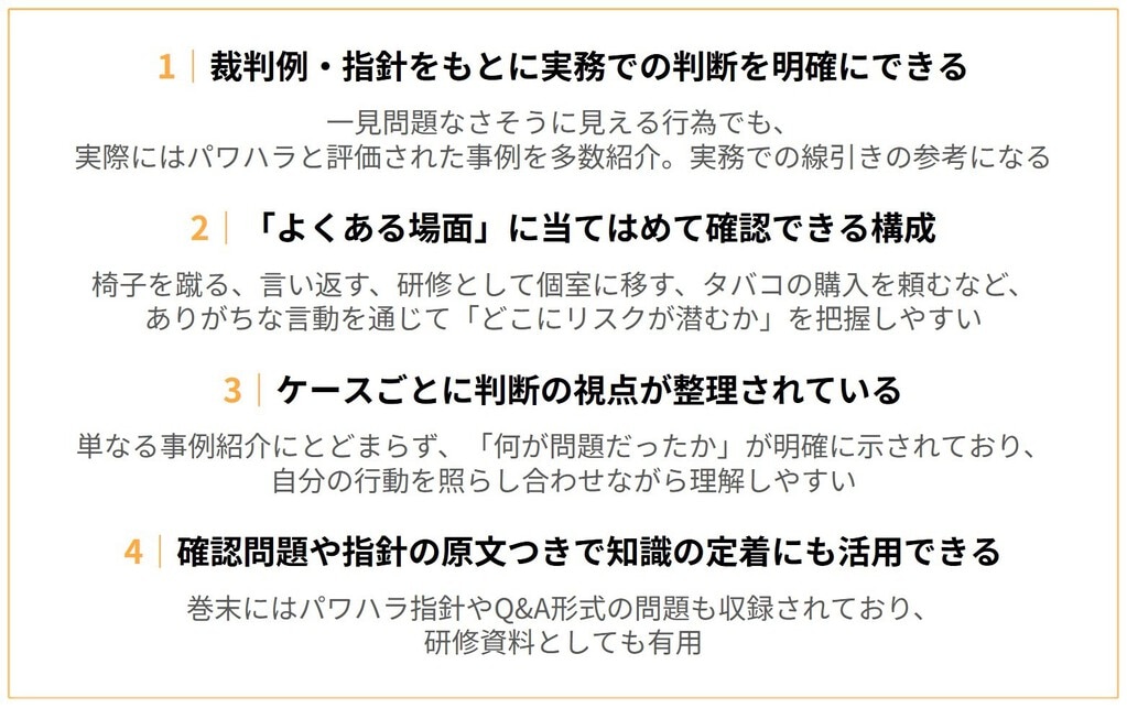 おすすめポイント １：裁判例・指針をもとに実務での判断を明確にできる ２：「よくある場面」に当てはめて確認できる構成 ３：ケースごとに判断の視点が整理されている ４：確認問題や指針の原文つきで知識の定着にも活用できる
