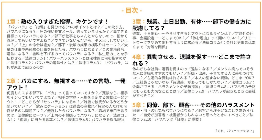 目次 1章：熱の入りすぎた指導、キケンです！ 2章：バカにする、無視する…その言動、一発アウト！ 3章：残業、土日出勤、有休…部下の働き方に配慮してる？ 4章：異動される、退職を促す…どこまで許される？ 5章：同僚、部下、顧客…その他のハラスメント
