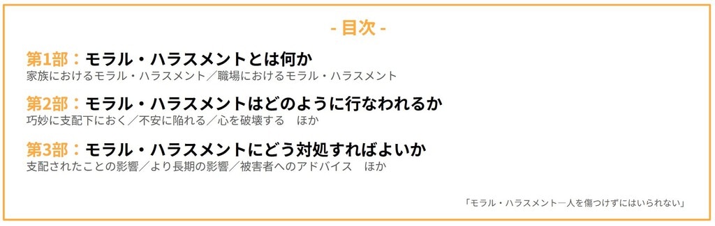 目次 第1部：モラル・ハラスメントとは何か 第2部：モラル・ハラスメントはどのように行われるか 第3部：モラル・ハラスメントにどう対処すればよいか
