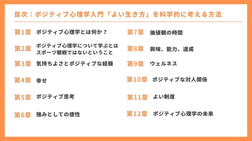 目次 1章：ポジティブ心理学とは何か？ 2章：ポジティブ心理学について学ぶことはスポーツ観戦ではないということ 3章：気持ちよさとポジティブな経験 4章：幸せ 5章：ポジティブ思考 6章：強みとしての徳性 7章：価値観の時間 8章：興味、能力、達成 9章：ウェルネス 10章：ポジティブな対人関係 11章：よい制度 12章：ポジティブ心理学の未来