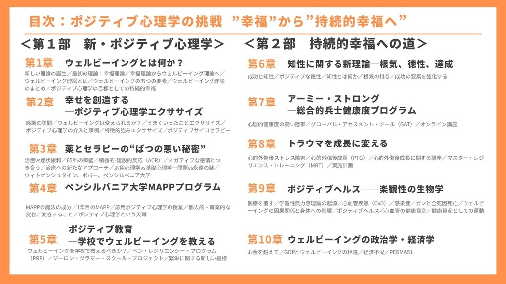 目次 1章：ウェルビーイングとは何か？ 2章：幸せを創造する　ポジティブ心理学エクササイズ 3章：薬とセラピーのばつの悪い秘密 4章：ペンシルベニア大学MAPPプログラム 5章：ポジティブ教育　学校でウェルビーイングを教える 6章：知性に関する新理論　根気、徳性、達成 7章：アーミー・ストロング　総合的兵士健康度プログラム 8章：トラウマを成長に変える 9章：ポジティブヘルス　楽観性の生物学 10章：ウェルビーイングの政治学・経済学
