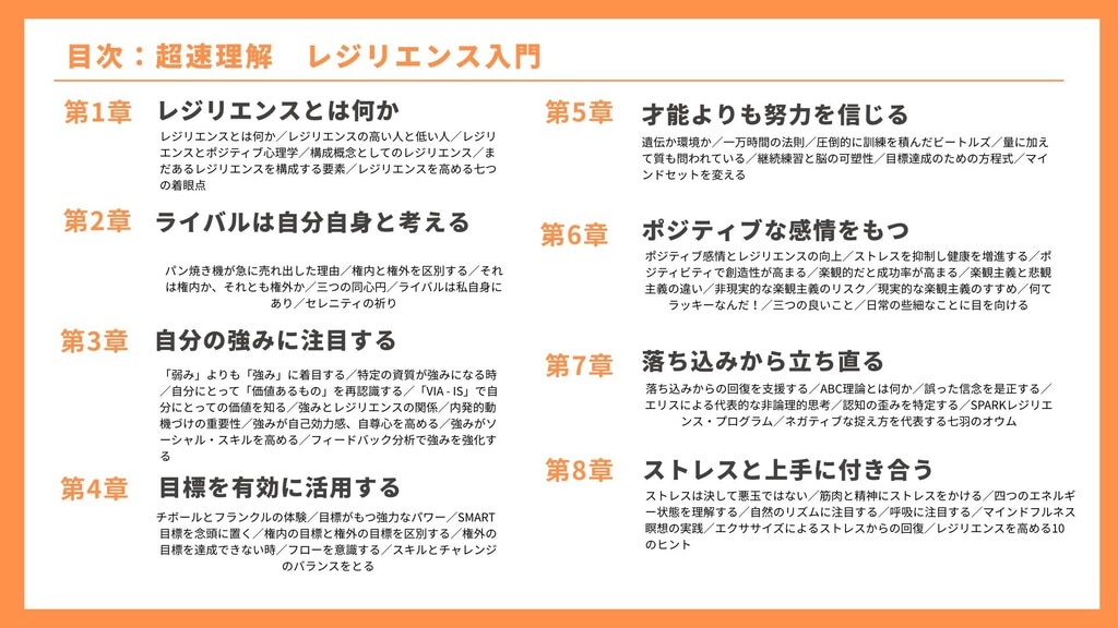 目次 1章：レジリエンスとは何か 2章：ライバルは自分自身と考える 3章：自分の強みに注目する 4章：目標を有効に活用する 5章：才能よりも努力を信じる 6章：ポジティブな感情をもつ 7章：落ち込みから立ち直る 8章：ストレスと上手に向き合う