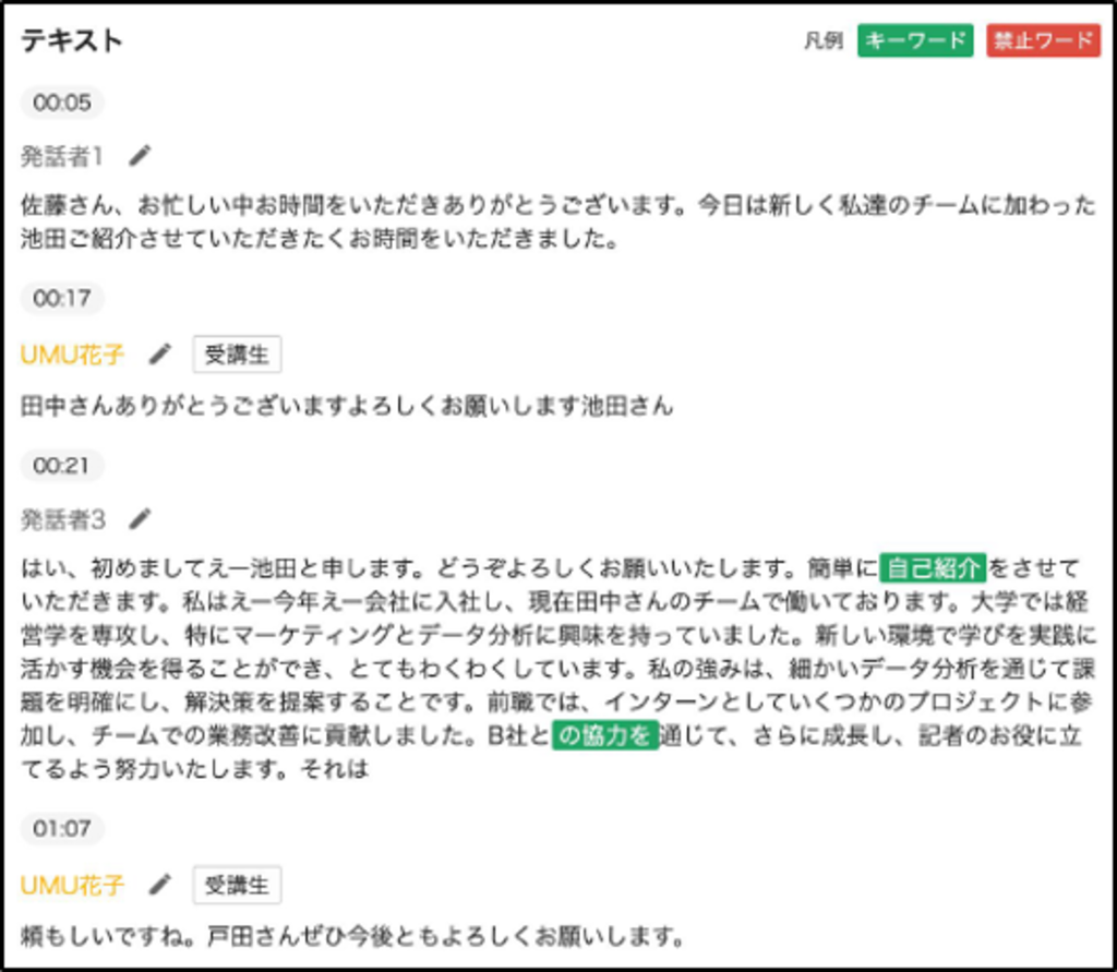 発話した内容とキーワード出現
