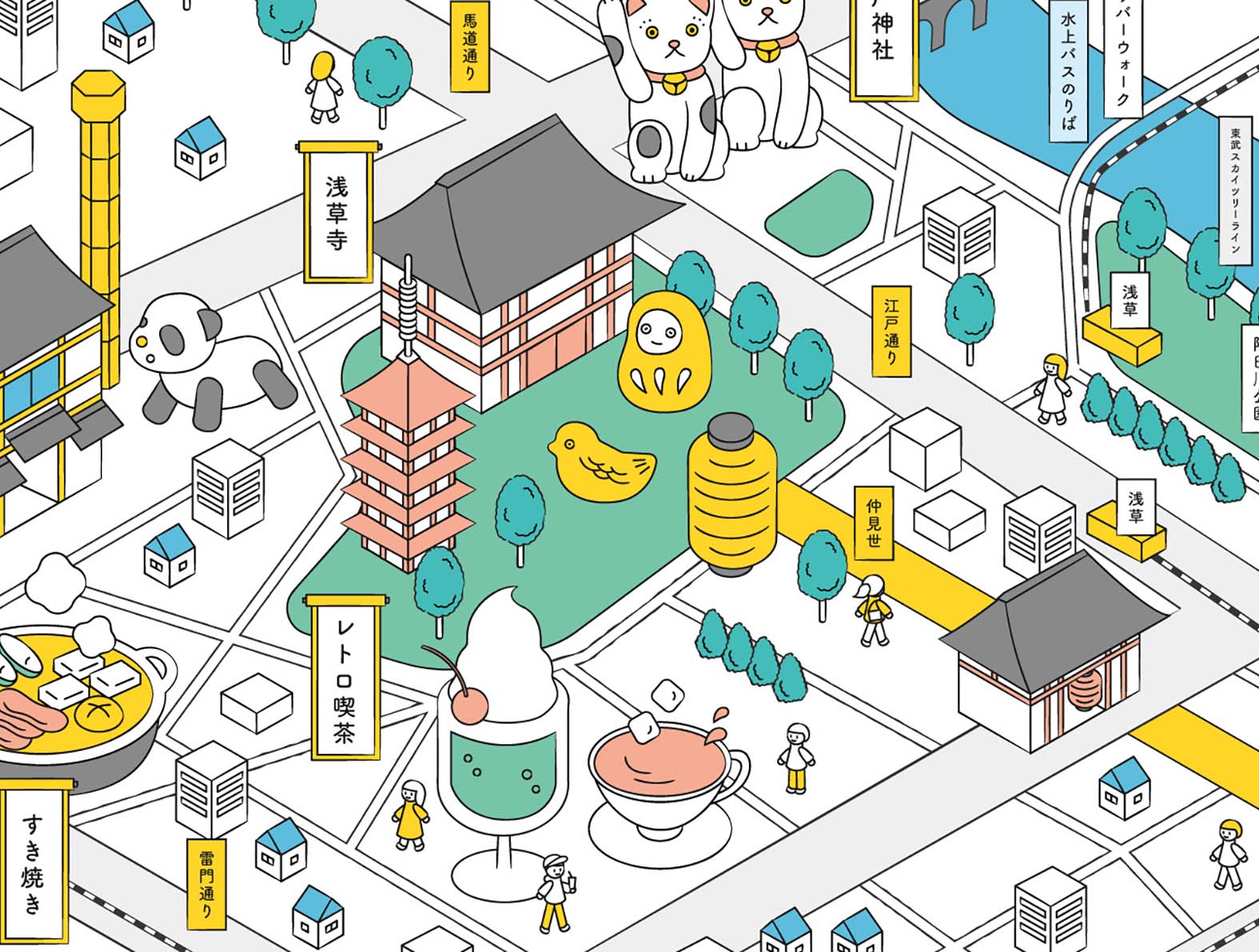 ポップな浅草の鳥瞰図イラスト