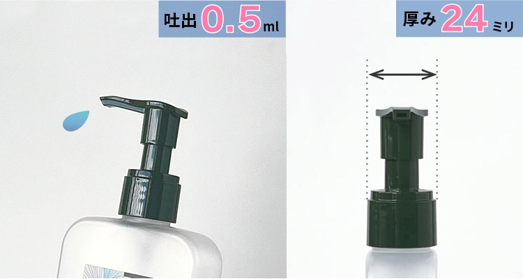メール便容器対応、厚み24mm吐出0.5mlのスリムポンプ