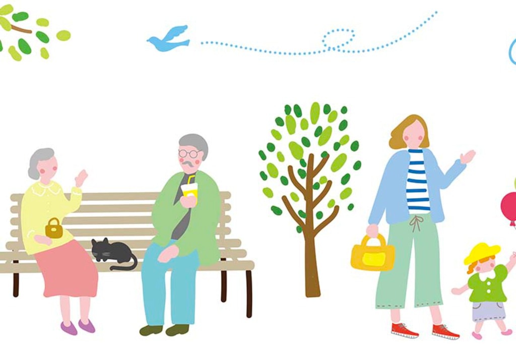 公園で集まる人たちのカラフルなイラスト