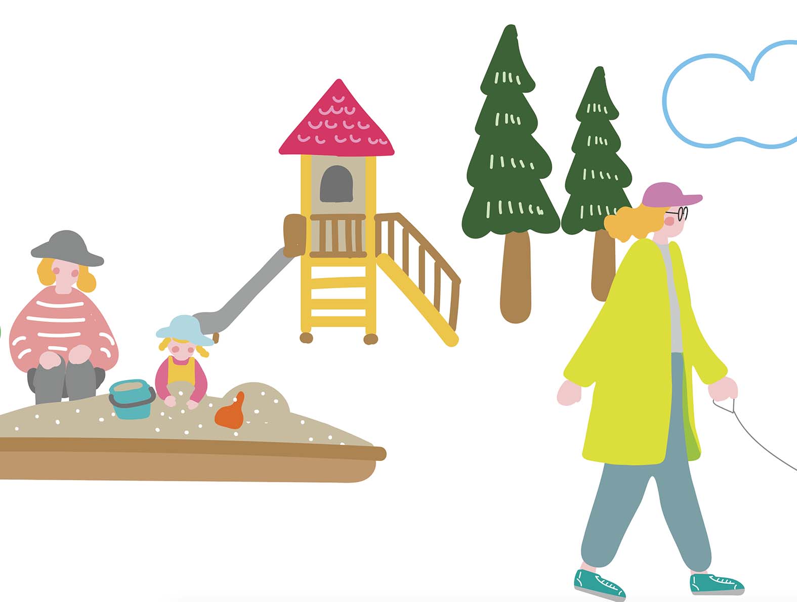 公園で遊ぶ人たちのカラフルなイラスト