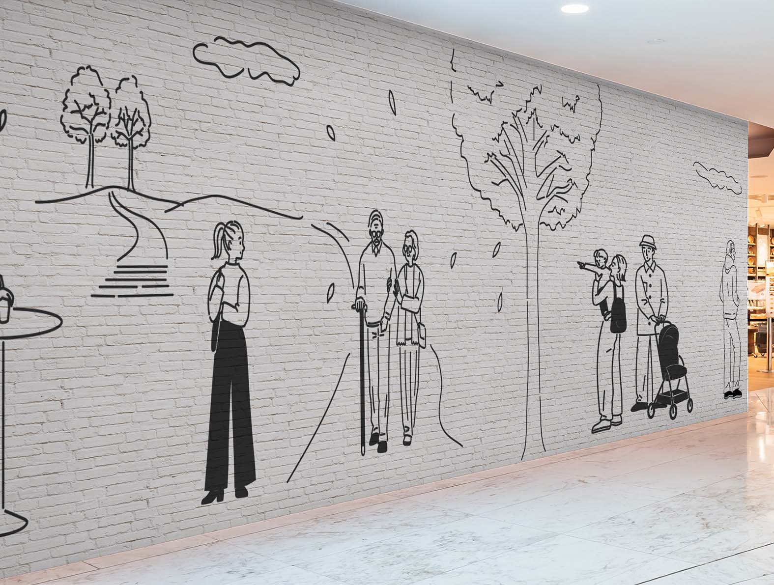 シンプルな線のおしゃれなイラストの壁面