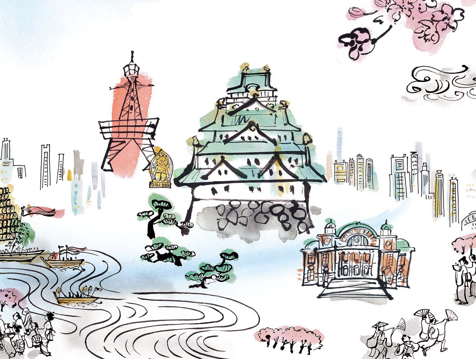 大阪の観光地の和風イラスト