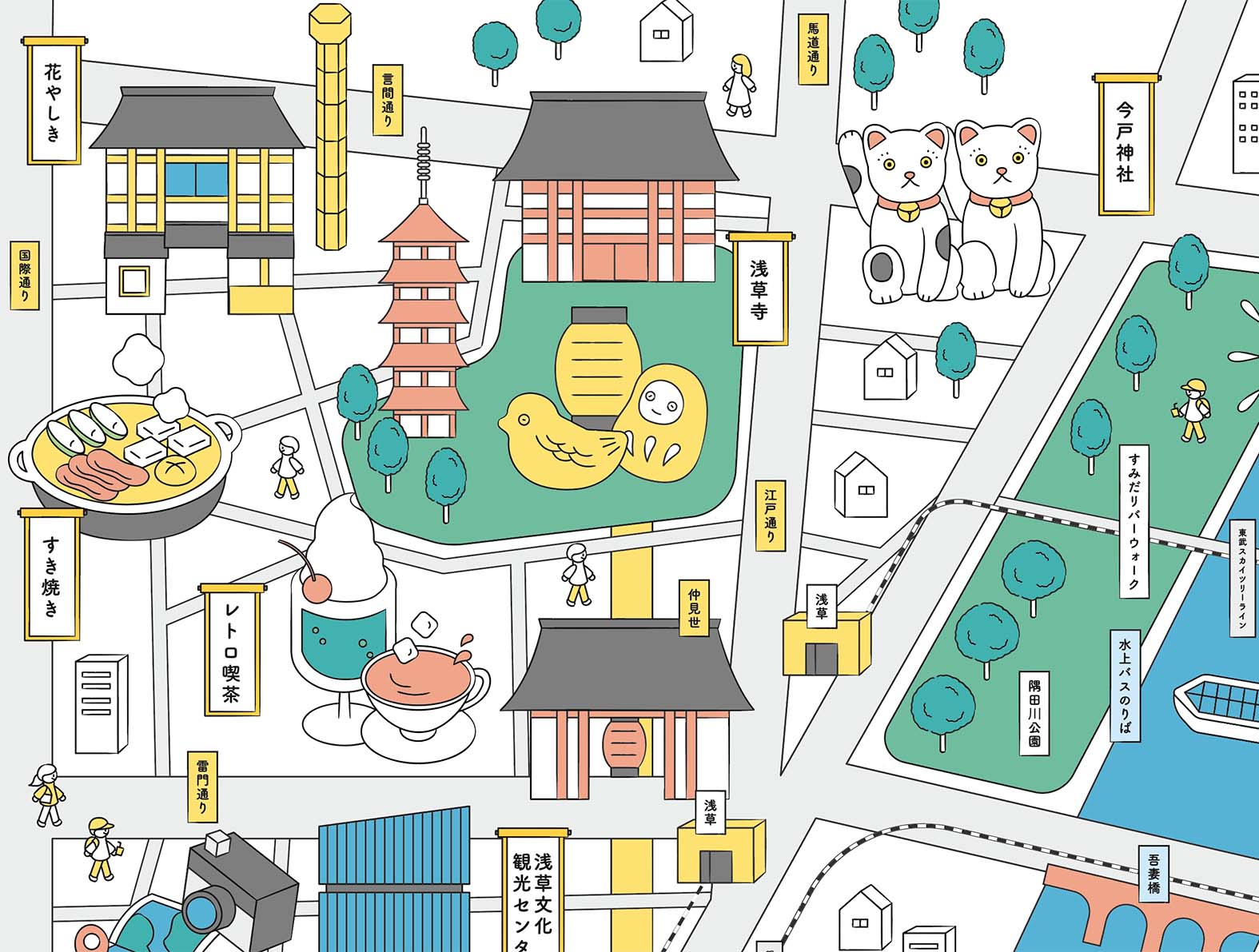 ポップな浅草の鳥瞰図イラスト