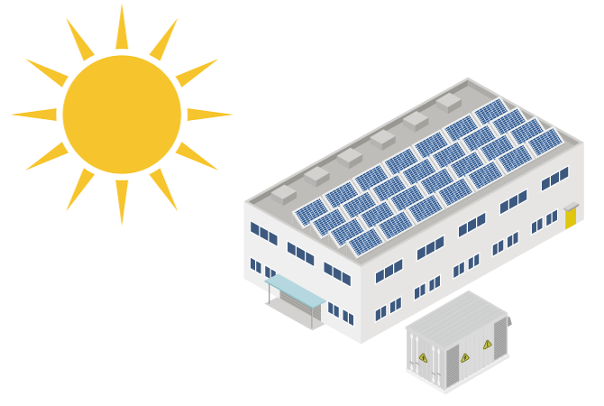 社屋の屋根に太陽光パネル、敷地内に蓄電池が設置されているイラスト