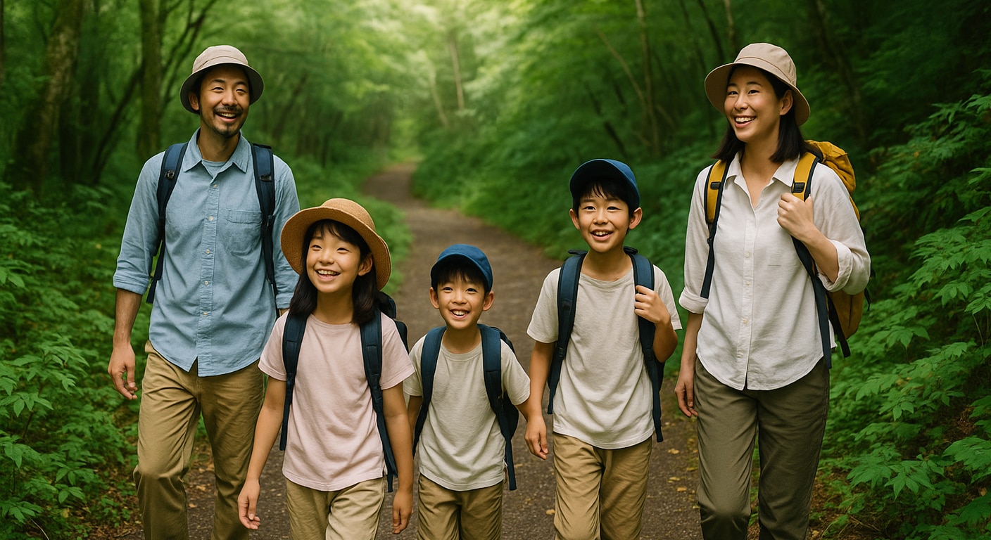 ブログ│緑豊かな山道を歩く日本人の家族や登山者