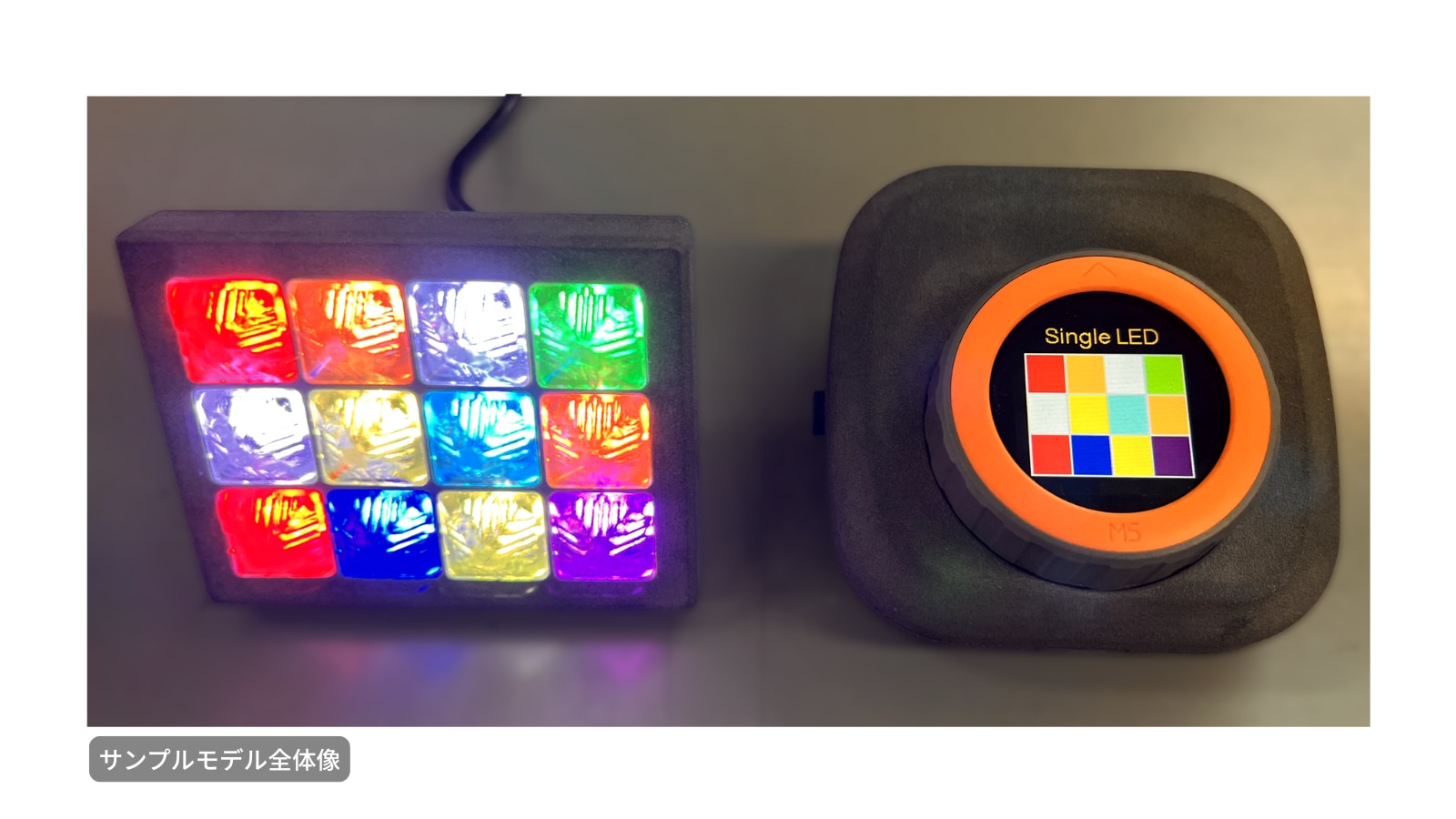 LEDを搭載した展示用モデルの全体外観。白い展示台の上に、M5Dialコントローラーと接続された試作機が設置されている