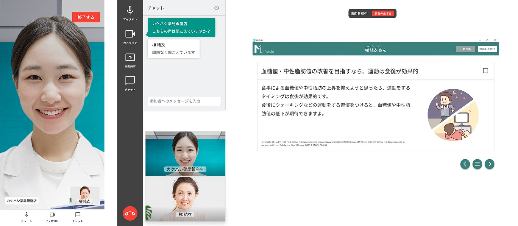 オンライン服薬指導　左：患者さん画面　右：薬局画面