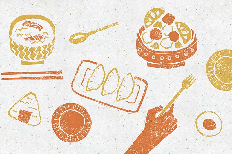 版画風おしゃれな惣菜のイラスト