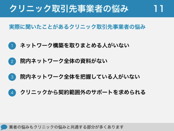 【セミナー資料】クリニックの院内ネットワーク構築や業者選定のポイント_クリニック取引先事業者の悩み
