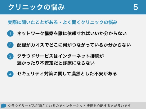 【セミナー資料】クリニックの院内ネットワーク構築や業者選定のポイント_クリニックの悩み