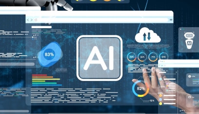 AIのロゴを中心に、データ解析やクラウドを示すアイコン、プログラミングコードなどが表示された、AIを活用するシステムやサービスを表す画像。