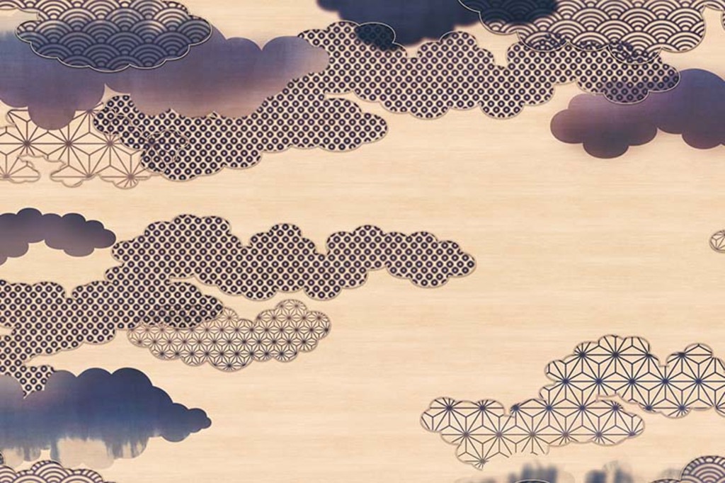 木目調の重なる雲のイラスト、和柄壁紙