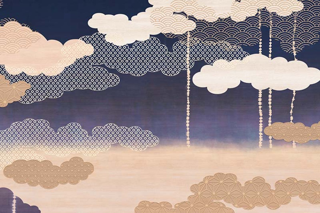 木目調の重なる雲のイラスト、和柄壁紙