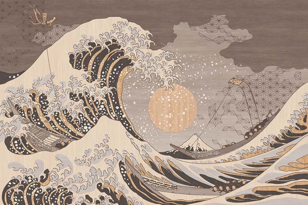 木目調の上に浮世絵のグラフィック、和柄壁紙